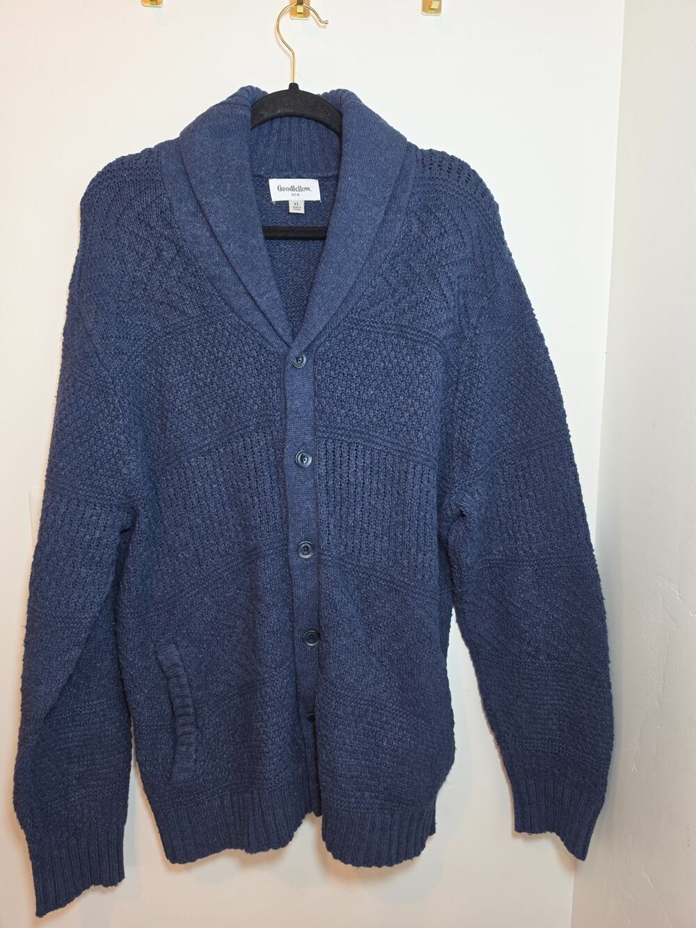 Men's Shawl Collar Chunky Knit Cardigan Size XL Navy Pockets Cotton Grandpacore